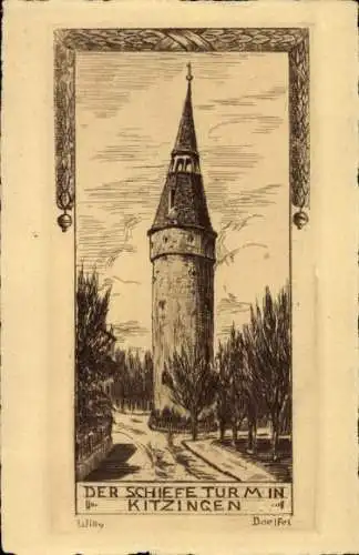 Künstler Ak Kitzingen in Mainfranken Bayern, Schiefer Turm