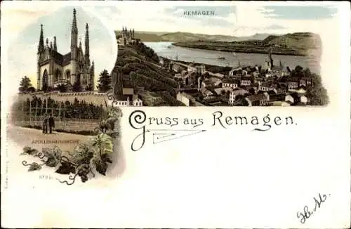 Litho Remagen im Kreis Ahrweiler, Appolinariskirche mit Ort und Umgebung