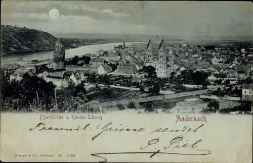 Mondschein Ak Andernach am Rhein, Ortsblick, Runder Turm, Pfarrkirche