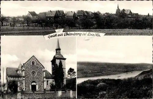 Ak Kasbach Ohlenberg am Rhein, Gesamtansicht, Kirche