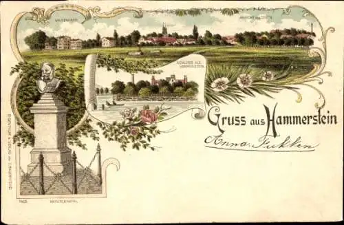 Litho Hammerstein am Rhein, Gesamtansicht, Kaiserdenkmal, Schloss Hammerstein