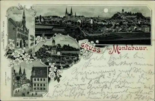 Mondschein Litho Montabaur im Westerwald, Gesamtansicht, Schloss, Rathaus, Kirchstraße