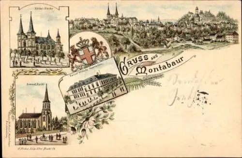 Litho Montabaur im Westerwald, Gesamtansicht, katholische Kirche, evangelische Kirche, Gymnasium