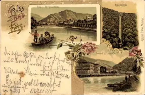 Litho Bad Ems an der Lahn, Malbergbahn, Kursaal, Kurbrücke, Ems von der Kaiserbrücke