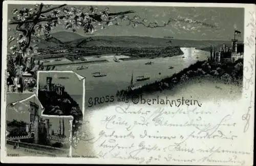 Mondschein Litho Oberlahnstein Lahnstein am Rhein, Burg Lahneck, Panorama