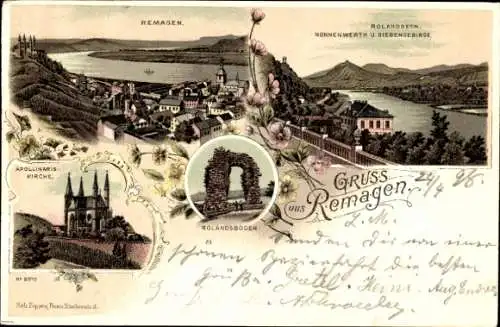 Litho Remagen im Kreis Ahrweiler, Apollinariskirche, Rolandsbogen, Rolandseck, Nonnenwerth