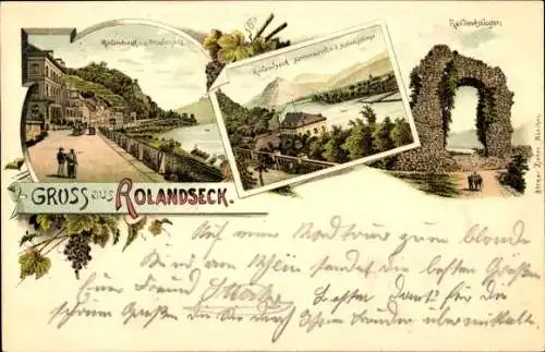 Litho Rolandseck Remagen am Rhein, Rolandsbogen, Panorama, Drachenfels