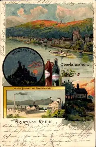 Künstler Litho Oberlahnstein Lahnstein am Rhein, Burg Stolzenfels, Victoria Brunnen, Kapelle