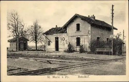 Ak Sainte Marie à Py Marne, Zerstörter Bahnhof, I. WK