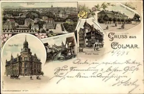 Litho Colmar Kolmar Elsass Haut Rhin, Neue Post, Lauch, Pfister-Haus, Lehrer-Seminar