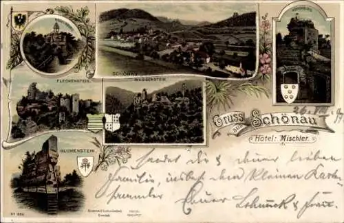 Litho Schönau in der Pfalz, Fleckenstein, Blumenstein, Wasigenstein, Hotel Mischler