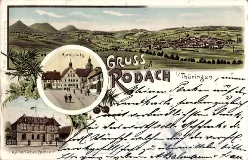 Litho Bad Rodach Oberfranken Bayern, Marktplatz, Postamt, Totalansicht