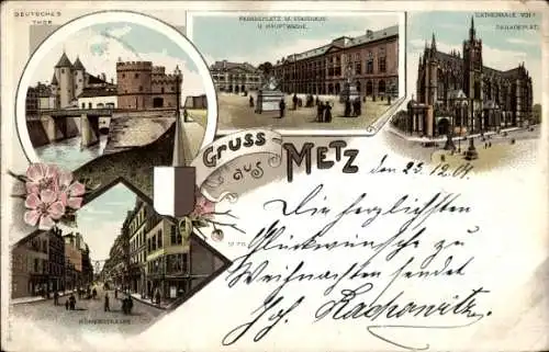 Litho Metz Moselle, Deutsches Tor, Römerstraße, Paradeplatz, Stadthaus, Hauptwache