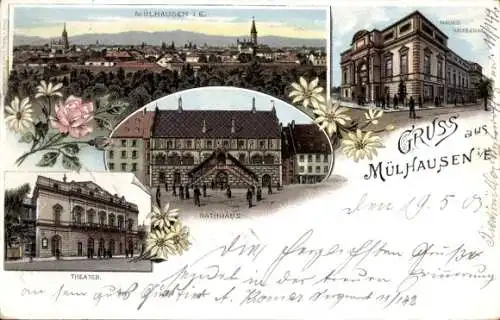 Litho Mulhausen Mühlhausen Elsass Bas Rhin, Rathaus, Theater, Neues Museum, Totalansicht