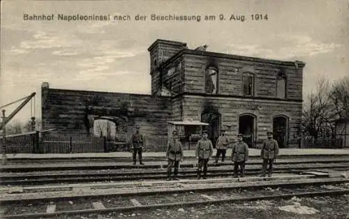 Ak Mulhouse Mülhausen Elsass Haut Rhin, Bahnhof Napoleoninsel nach der Beschießung am 9. Aug. 1914