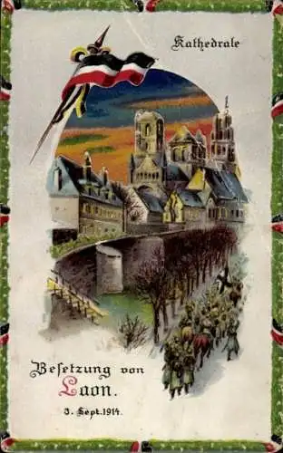 Halt gegen das Licht Relief Litho Laon Aisne, Die Besetzung der Stadt 1914, Kathedrale, Soldaten