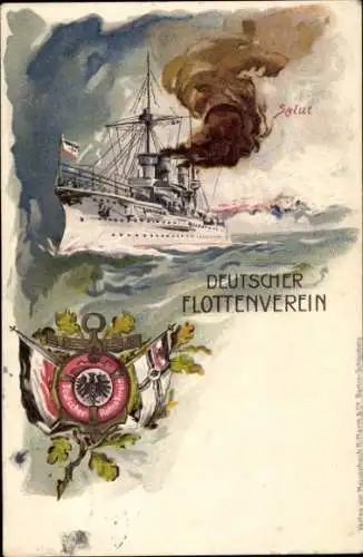 Litho Deutscher Flottenverein, Deutsches Kriegsschiff, Salut, Fahnen, Kaiserliche Marine
