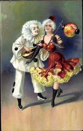 Präge Ak Karneval, Pierrot, Frau mit Lampion