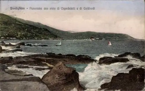 Ak Bordighera Liguria, Panoramablick von der Felsenküste aus