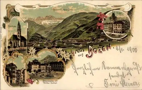 Litho Bozen Bolzano Südtirol, Totalansicht, Walther-Denkmal, Pfarrkirche