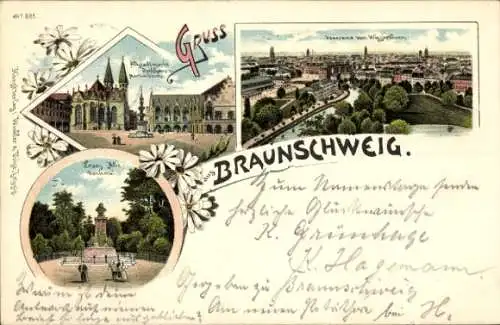 Litho Braunschweig in Niedersachsen, Panorama, Rathaus, Kirche, Denkmal