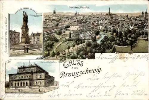 Litho Braunschweig in Niedersachsen, Siegesdenkmal, Hoftheater, Totalansicht