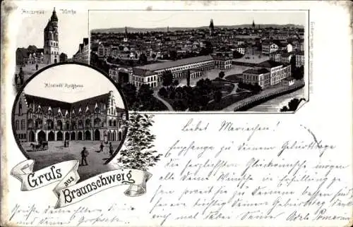 Litho Braunschweig in Niedersachsen, Rathaus, Andreaskirche, Totale