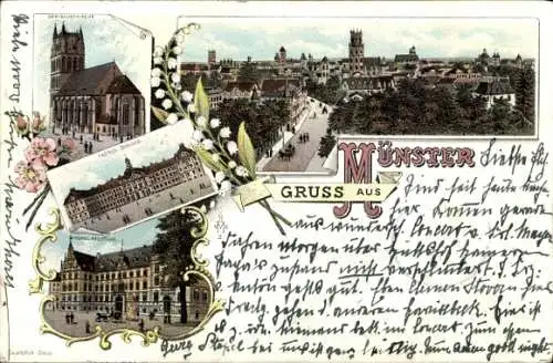 Litho Münster in Westfalen, Stadtbild, Liebfrauenkirche, Schloss, Regierung