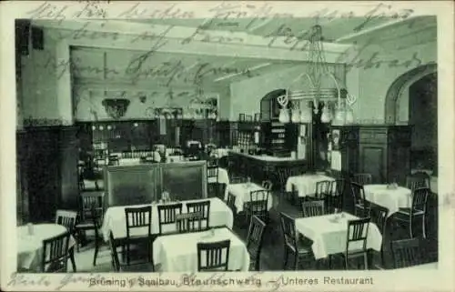 Ak Braunschweig in Niedersachsen, Brüning's Saalbau, Innenansicht, unteres Restaurant, Esstische