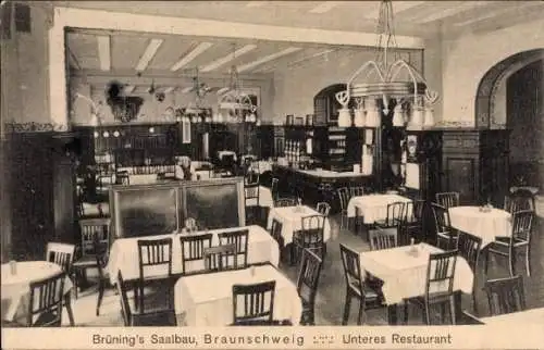 Ak Braunschweig in Niedersachsen, Brüning's Saalbau, Innenansicht, unteres Restaurant, Esstische