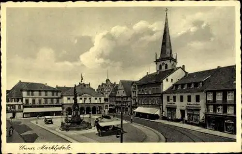 Ak Unna in Westfalen, Marktplatz, Kriegerdenkmal