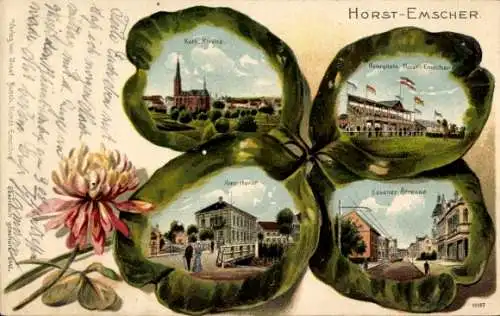 Kleeblatt Litho Horst Emscher Gelsenkirchen im Ruhrgebiet, Kirche, Rennplatz, Amtshaus