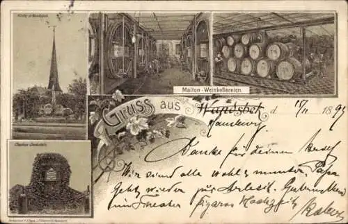 Litho Hamburg Wandsbek, Malton-Weinkellereien, Denkmal, Kirche