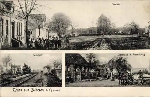 Ak Buberow Gransee im Kreis Oberhavel, Straßenpartie, Bahnhof, Gasthaus A. Rosenberg