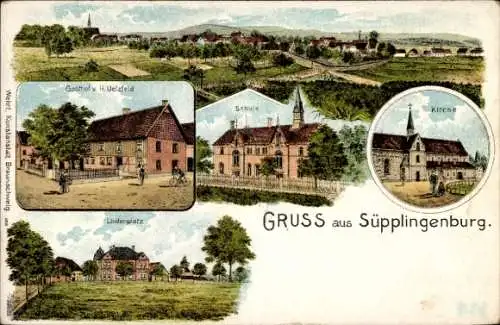 Litho Süpplingenburg in Niedersachsen, Gasthof, Schule, Kirche, Lindenplatz, Totalansicht