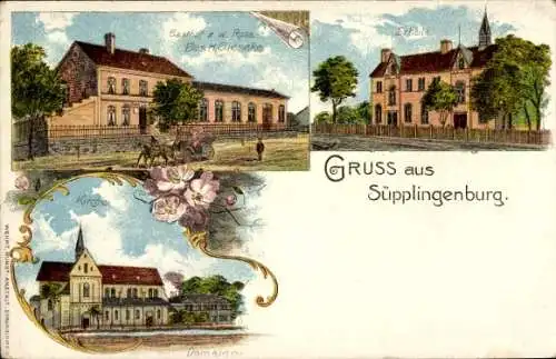 Litho Süpplingenburg in Niedersachsen, Gasthof zum weißen Ross, Schule, Kirche, Domaine