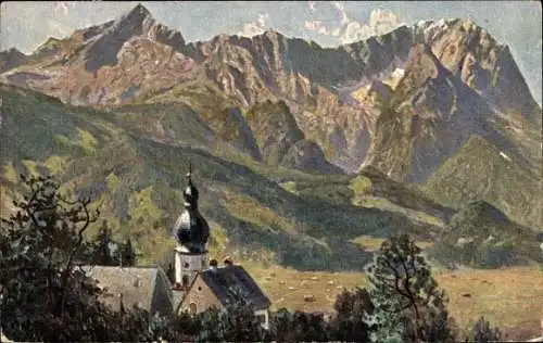 Ak St. Anton am Arlberg Tirol Österreich, Teilansicht der Kirche, Wettersteingebirge