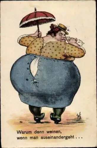 Künstler Ak Scheuermann, Willi, Dicke Frau, Warum denn weinen wenn man auseinander geht