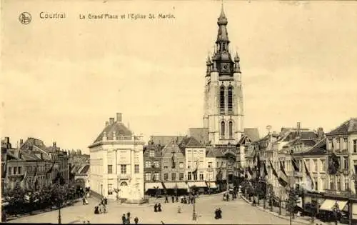 Ak Kortrijk Kortrijk Westflandern, Grote Markt und St.-Martins-Kirche