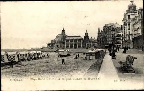 Ak Ostende Ostende Westflandern, Gesamtansicht des Deichs, des Strandes und des Kursaals