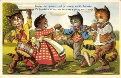 Ak Vermenschlichte Katzen beim Tanz, Musiker, Trommel