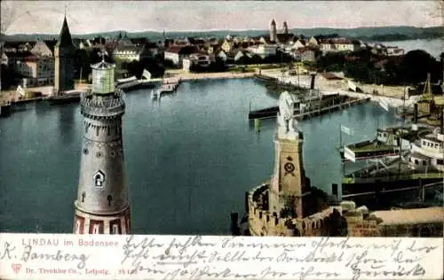 Ak Lindau im Bodensee, Hafeneinfahrt mit Signalturm, Löwe und Stadt