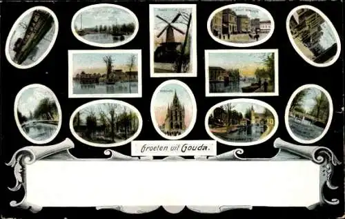 Ak Gouda Südholland Niederlande, Teilansichten, Rathaus, Windmühle