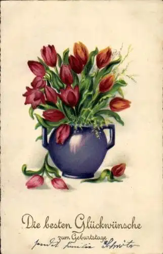 Ak Glückwunsch Geburtstag, Tulpen in einer Vase