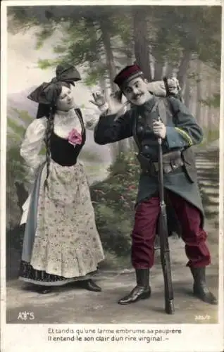 Ak Französischer Soldat und Elsässerin in Tracht