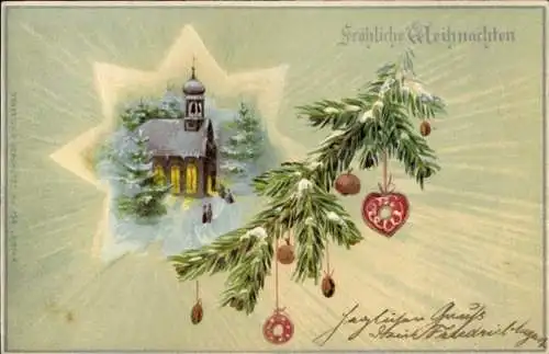 Präge Litho Frohe Weihnachten, Kirche, Tannenzweig, Nippes, Baumschmuck, Kirche, Stern