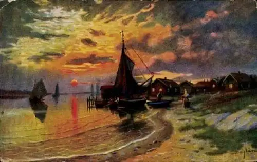 Künstler Ak Sonnenuntergang, Strandpartie, Segelboote