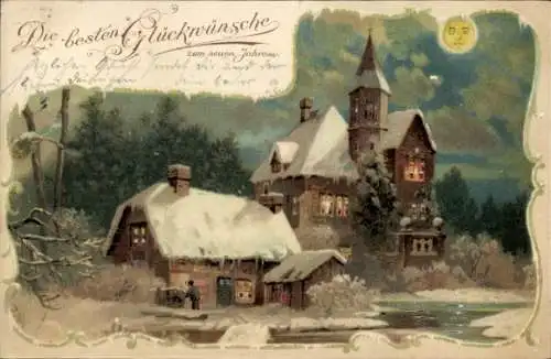 Mondschein Litho Glückwunsch Neujahr, Kirche, Wohnhaus, Schnee