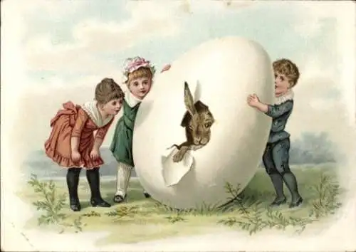 Litho Ostern, Kinder, Hase schlüpft aus, Ei