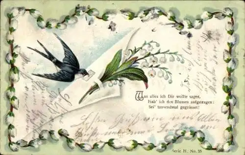Präge Litho Schwalbe mit Brief im Schnabel, Maiglöckchen, Kitsch